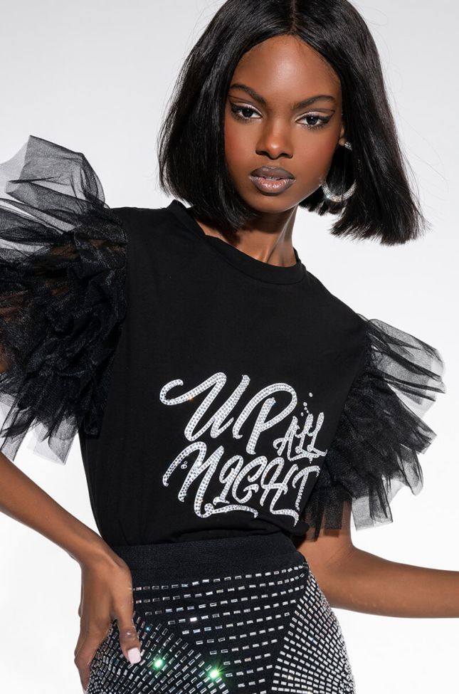 Front View Up All Night Tulle Detail T Shirt