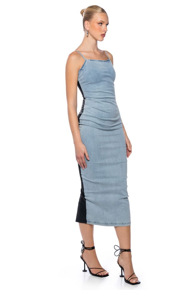 Side View Up To No Good Sleeveless Denim Faux Leather Maxi Dress