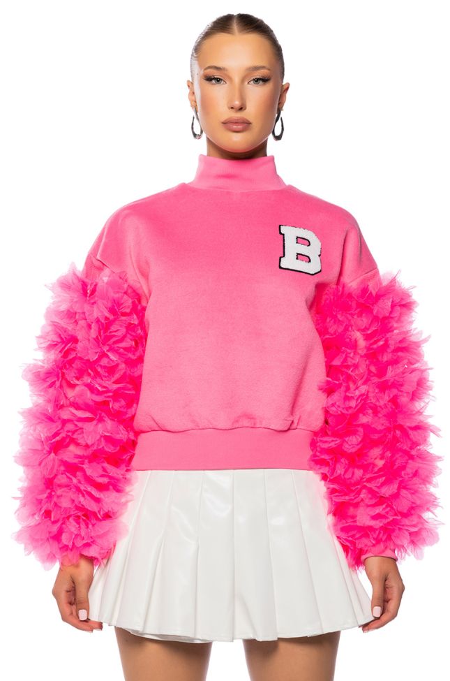 Front View Upper East Side Pink Ruffle Sleeve Sweatshirt