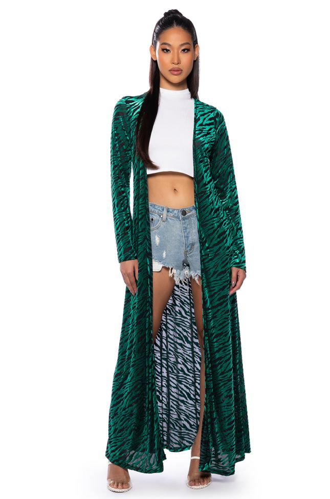 Front View Utmost Glamour Flocking Duster In Green