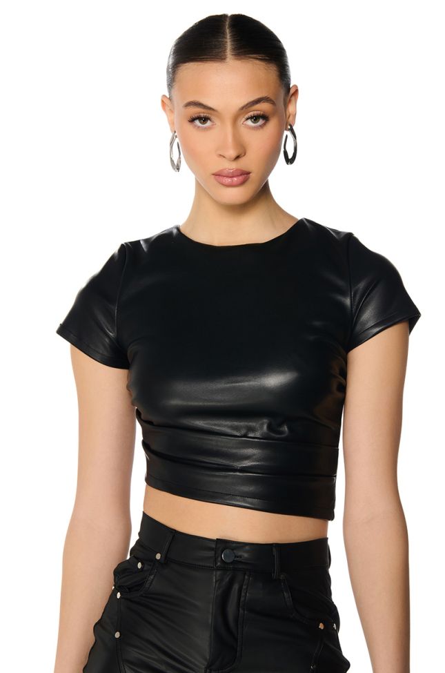 Front View Valentina Short Sleeve Faux Leather Crop Shirt