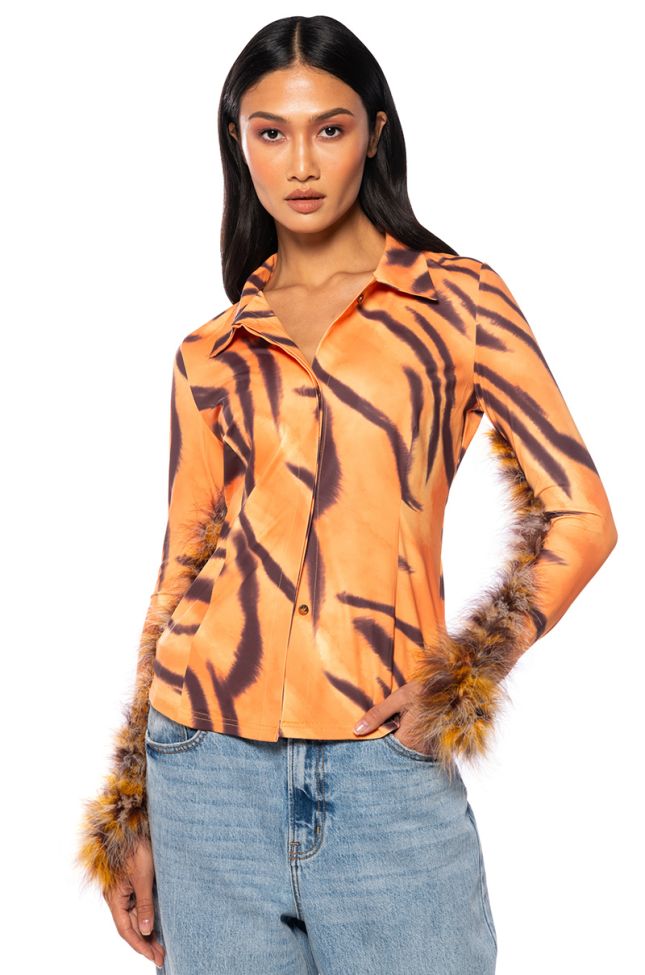 Front View Valeria Graphic Feather Trim Button Down