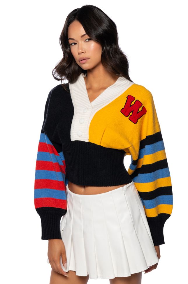 Front View Varsity Stripes Button Down Sweater