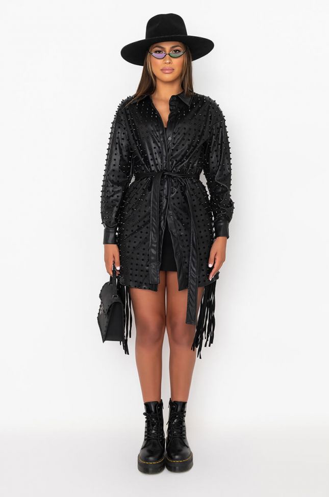 Front View Vegan Leather Two Tone All Hand Over Studded Shirt Dress