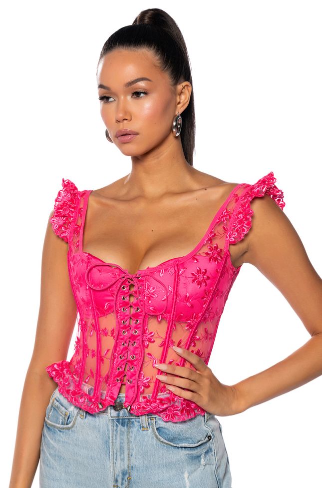 Front View Ven Aqui Lace Up Corset Top In Neon Pink