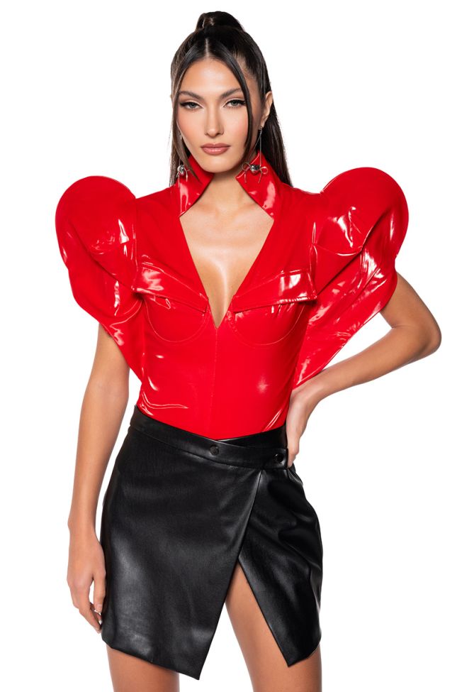 Front View Veronica Dramatic Shoulder Collared Bodysuit In Red