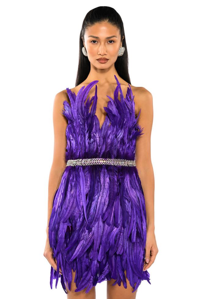 VIBRANT ALL OVER EMBELLISHED FEATHER STRAPLESS MINI DRESS