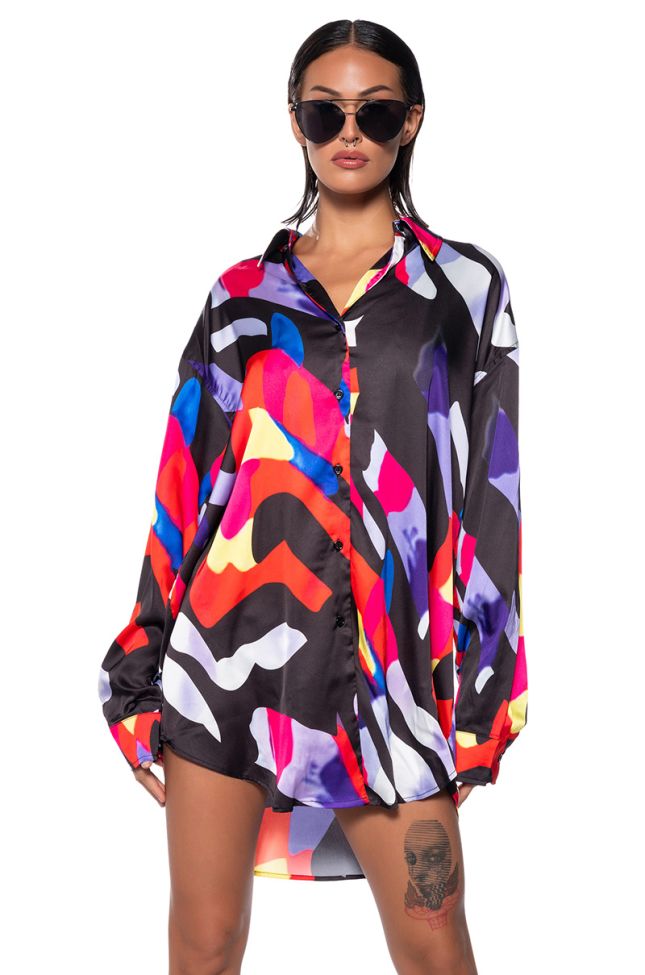 Front View Vibrant Mood Printed Satin Button Down Blouse
