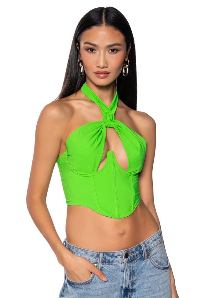 Front View Violet Girl Cut Out Halter Corset Top In Green