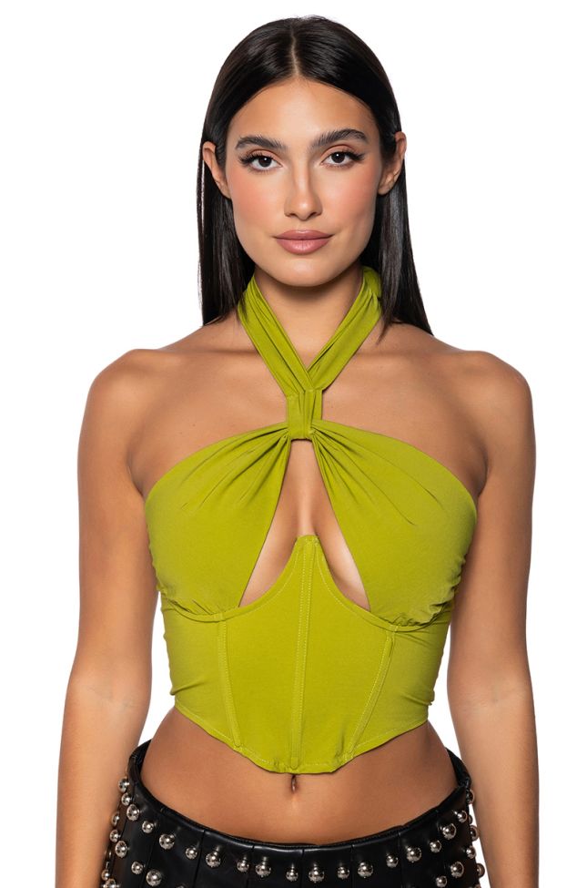 Front View Violet Girl Cut Out Halter Corset Top In Light Green
