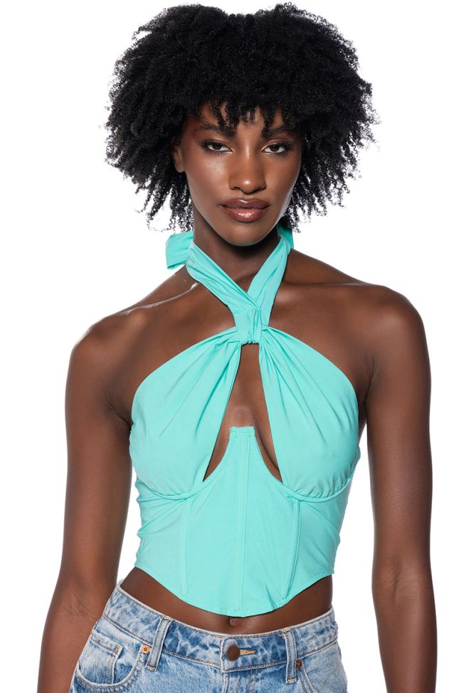 Front View Violet Girl Cutout Halter Corset Top In Teal
