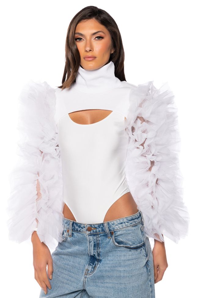 Front View Virgo Ruffle Sleeve Layering Top In White
