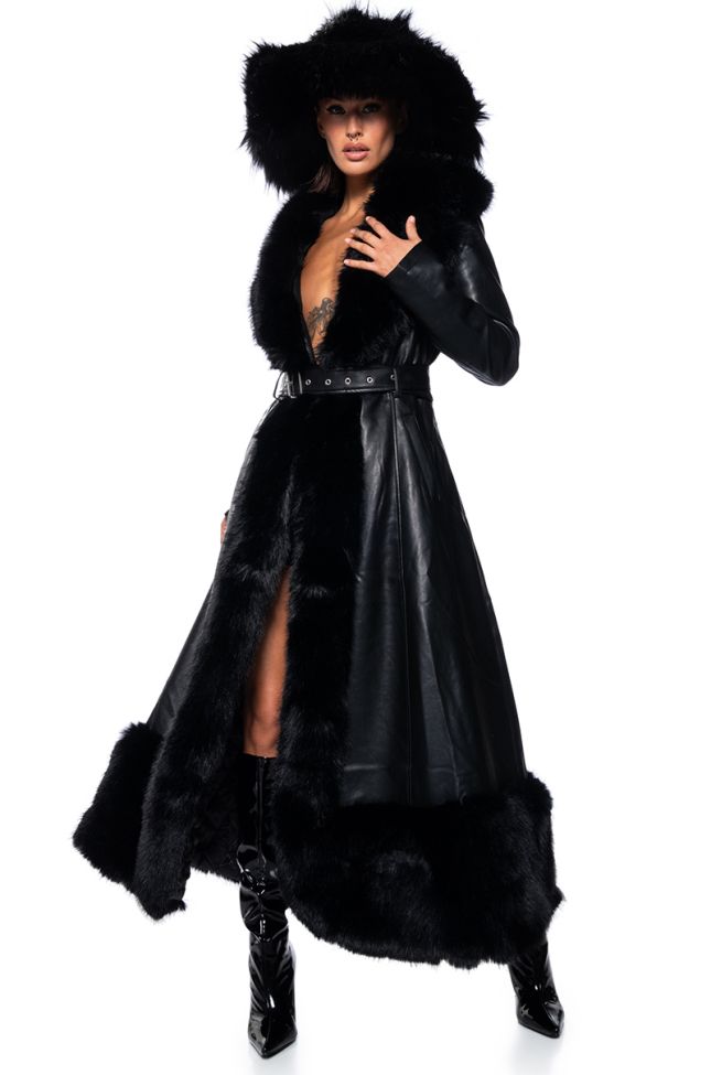 Front View Vivian Long Pu Trench With Faux Fur Trim In Black