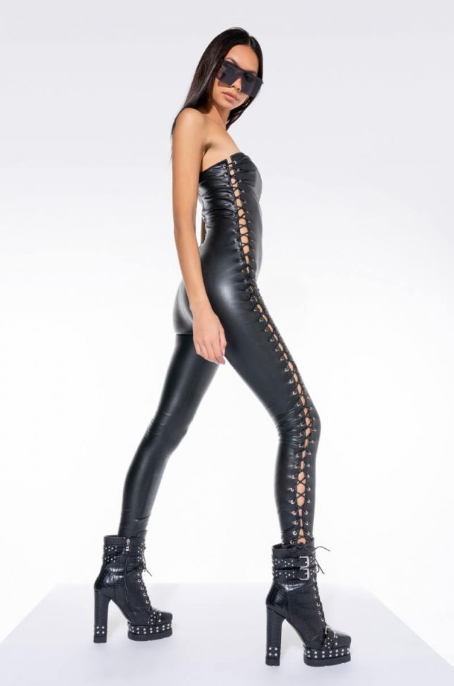 WAIT ON IT FAUX LEATHER TUBE JUMPSUIT WITH LACE UP SIDES