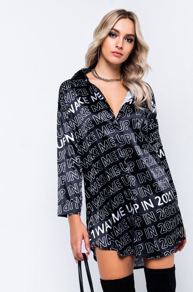 Front View Wake Me Up In 2021 Shirt Dress in Black White