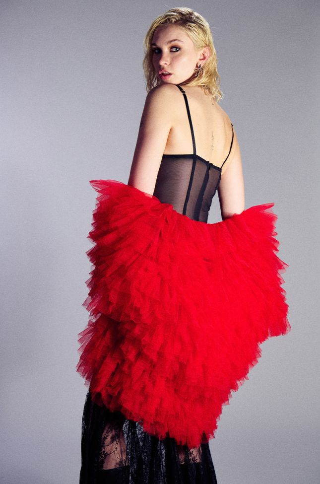 Extra View Wanna Be Loved By You Tulle Wrap Shrug In Red