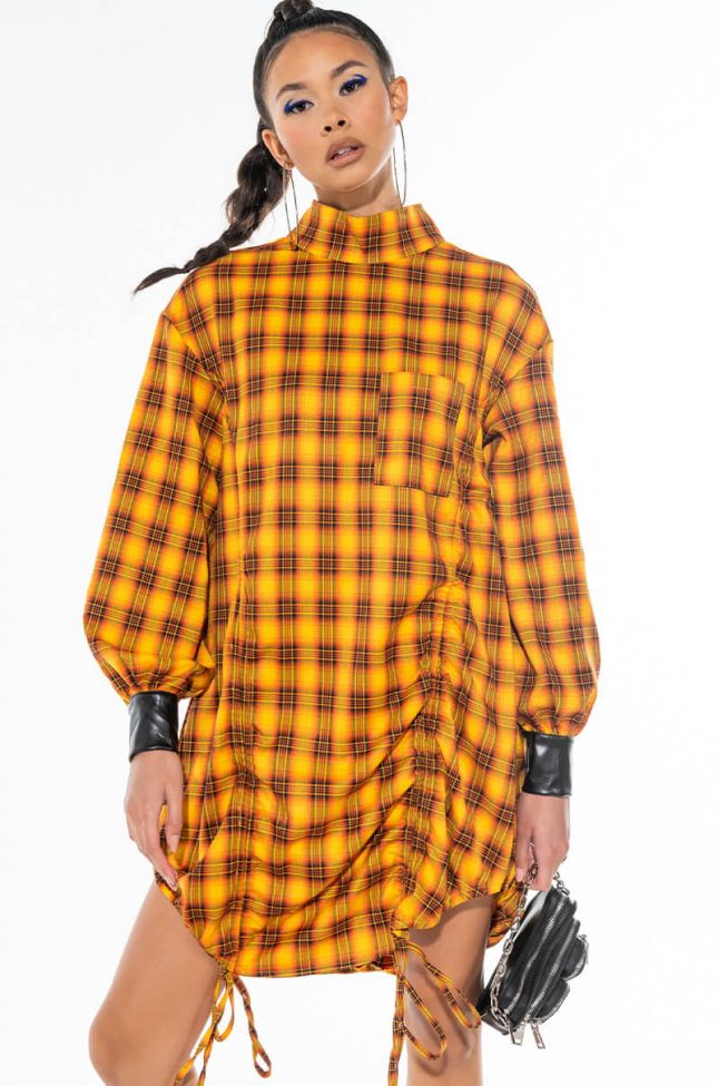 Front View Wants And Needs This Mock Neck Plaid Dress
