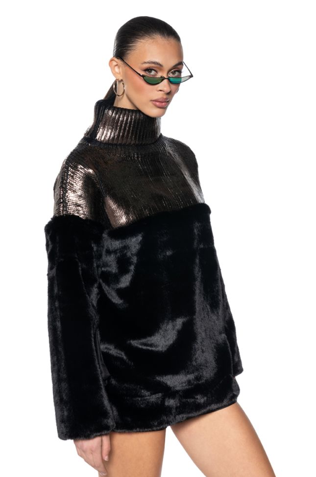 Side View Warm And Chic Faux Fur Metallic Turtleneck Mini Dress
