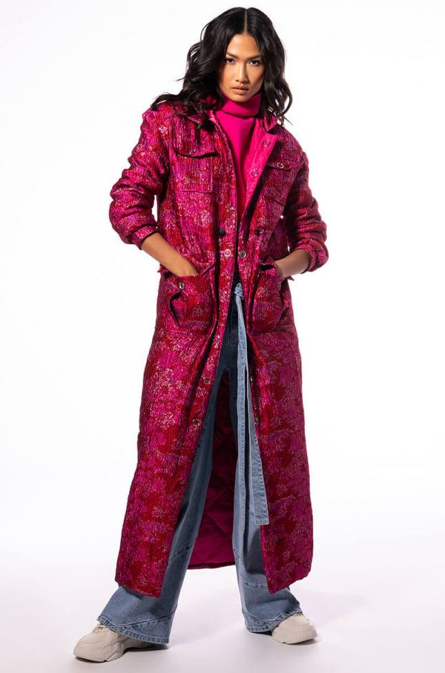 Front View Warm It Up Jacquard Trench With Quilted Lining