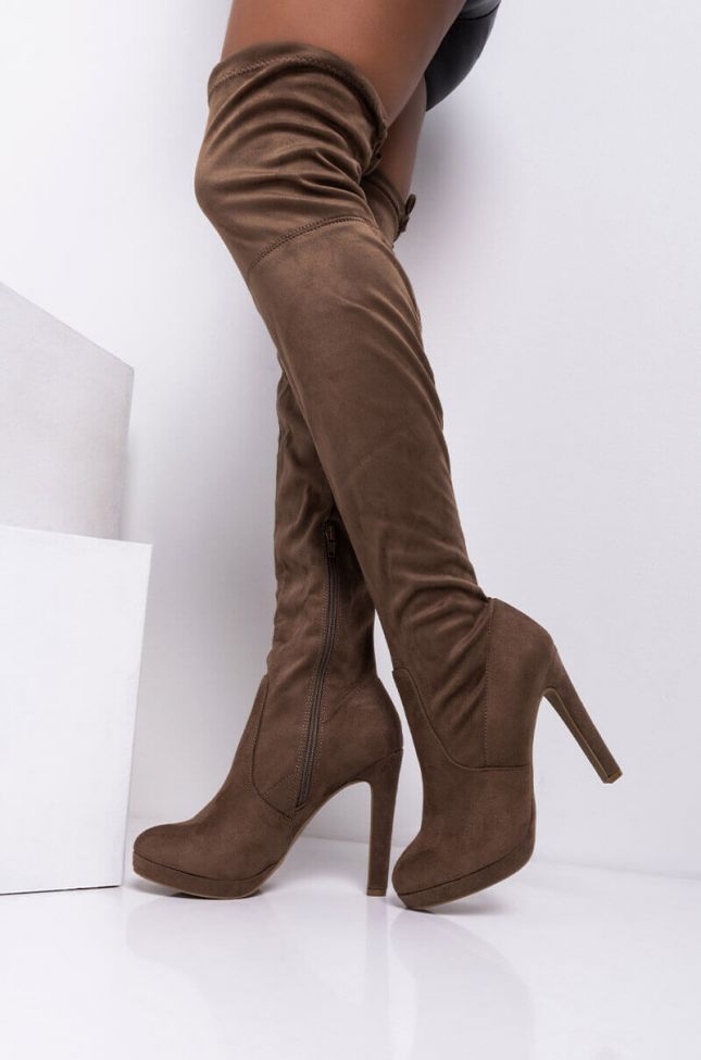 Front View Wasted On You Stiletto Boot in Taupe