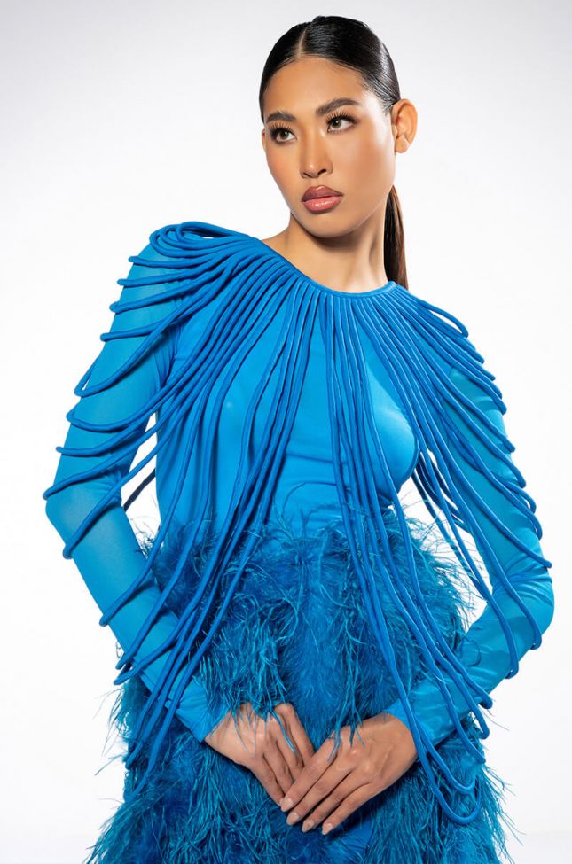 Front View Wavy Baby Long Sleeve String Detail Mesh Top In Blue