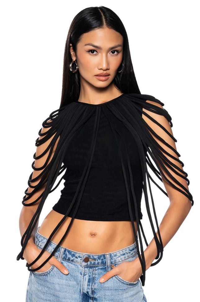 Front View Wavy Baby Sleeveless Rope Detail Top In Black