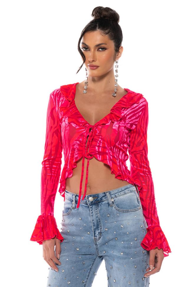 WE LIKE TO PARTY RUFFLED COLLAR TIE FRONT BLOUSE