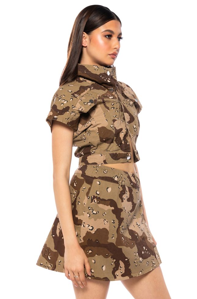 WE RIDE CAMO BUTTON DOWN AND MINI SKIRT SET IN BROWN