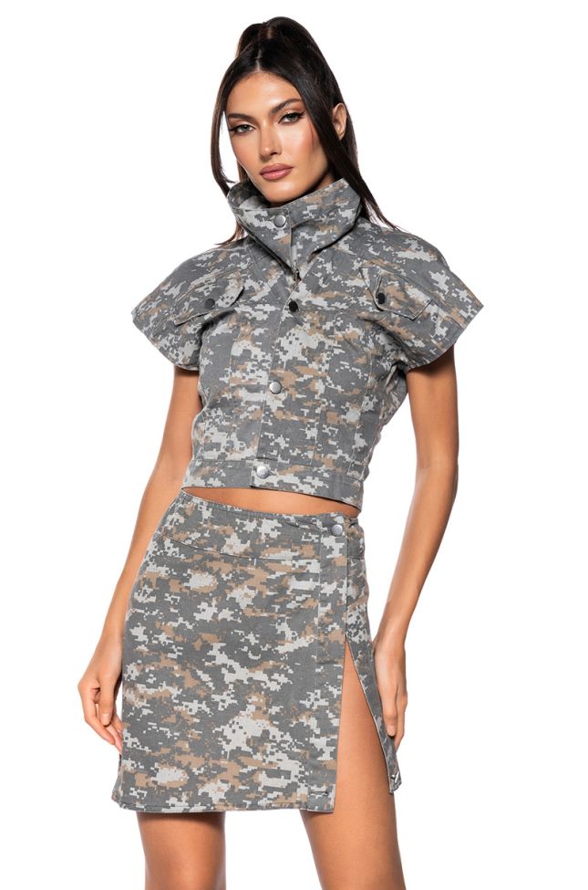 Front View We Ride Camo Button Down And Mini Skirt Set In Grey