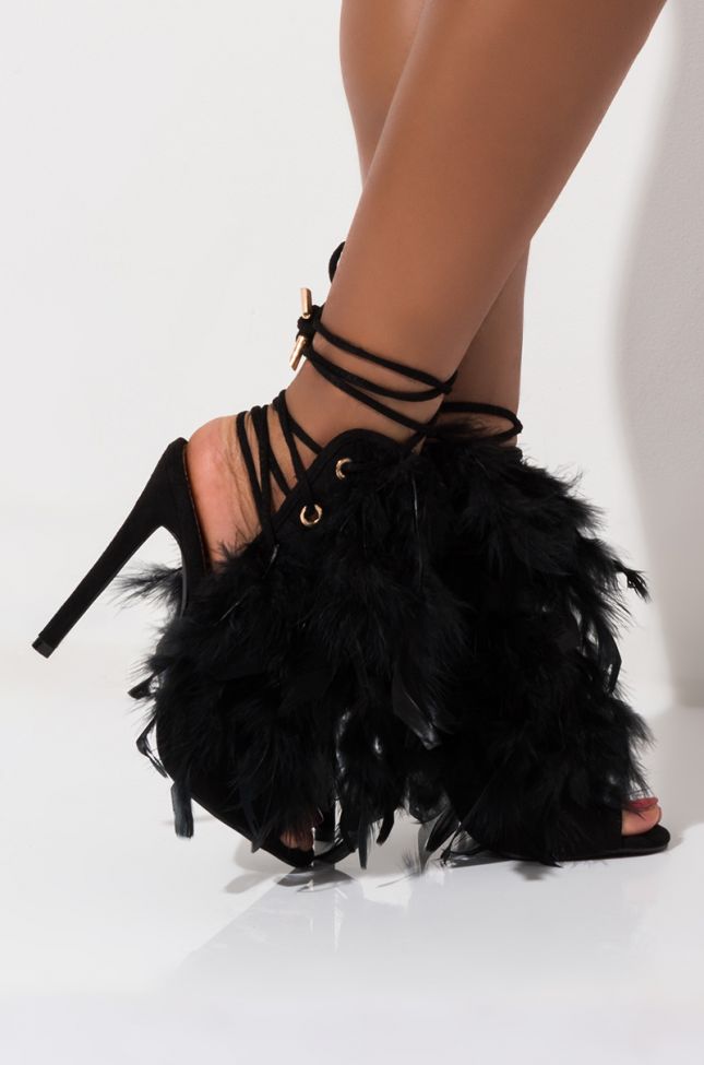 Back View What Dreams Are Made Of Feather Stiletto Sandal in Black