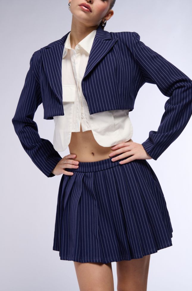 Full View Whats The Tea Pinstripe Pleated Mini Skirt In Navy