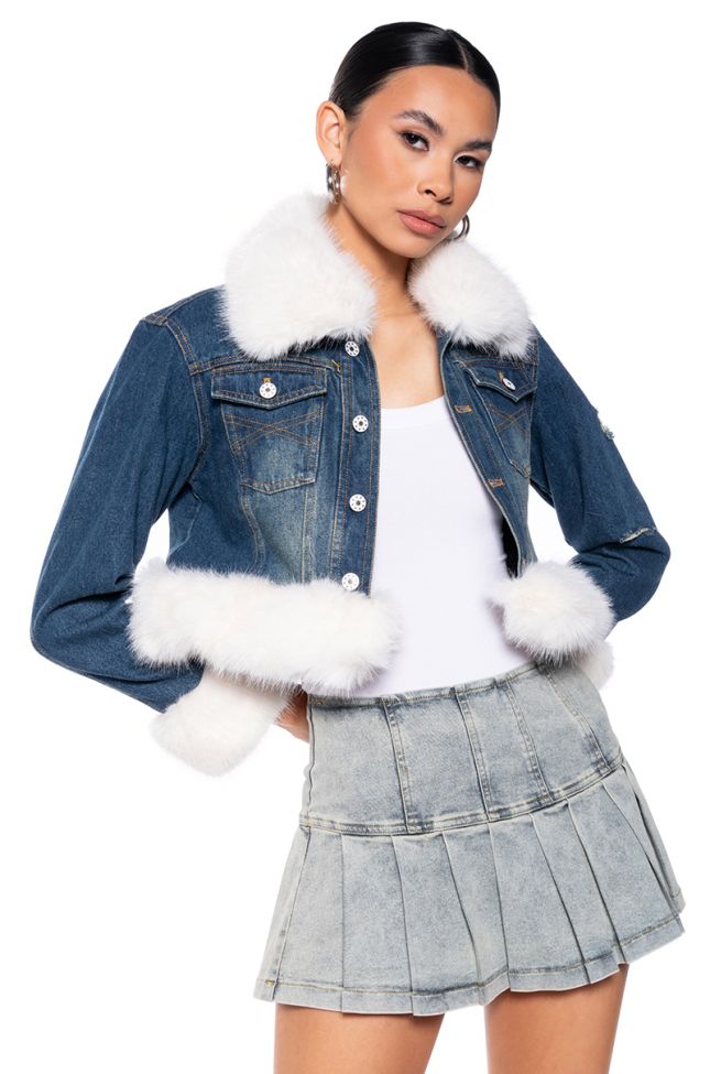 Front View When You Know You Know Denim Fur Jacket