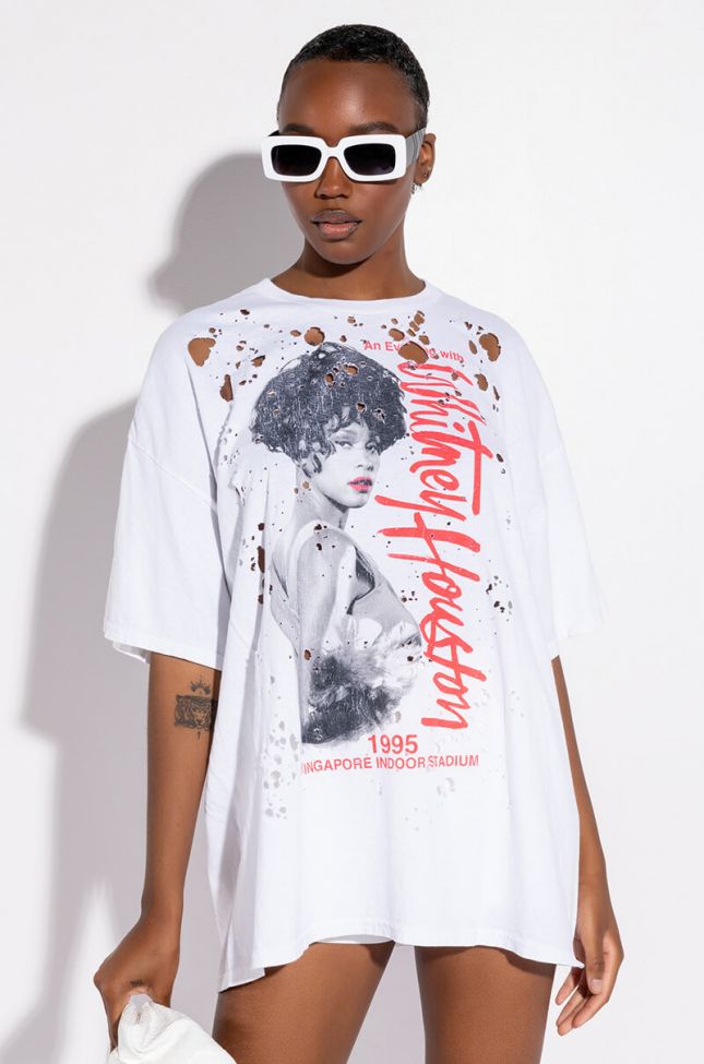 Front View Whitney Houston Oversized Distressed Graphic T Shirt