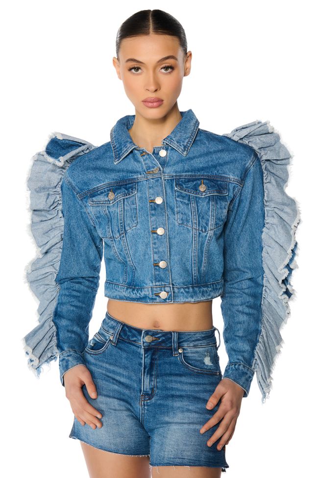 Front View Who Is She Puff Sleeve Denim Jacket