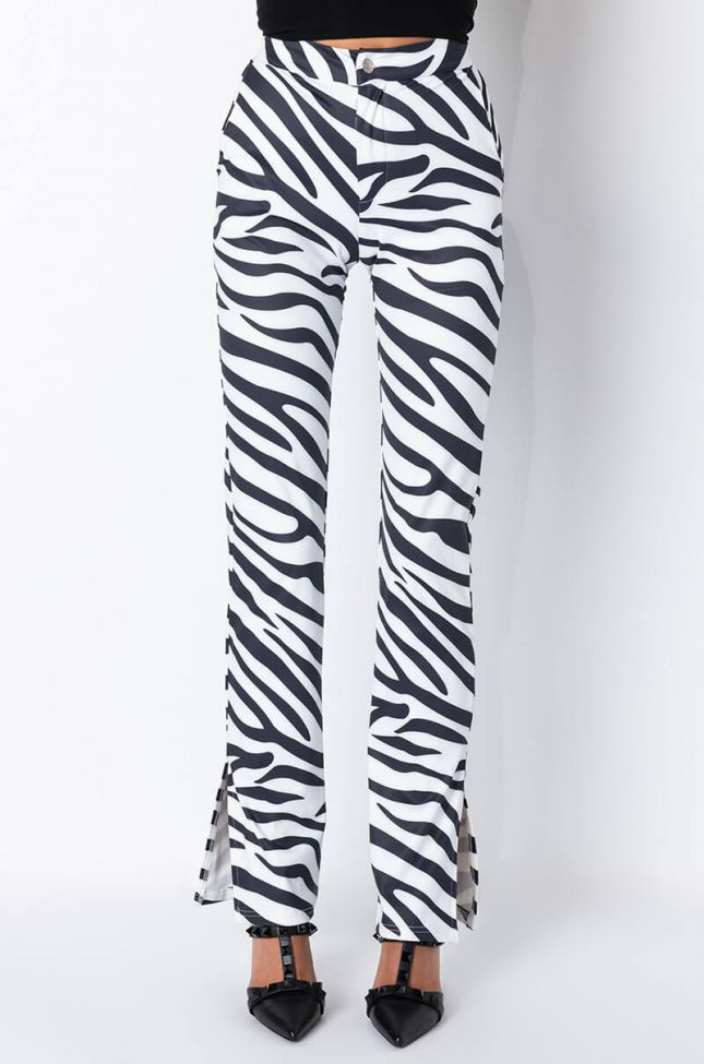 Front View Wild Mind Mid Rise Pants With Side Slits in White Black