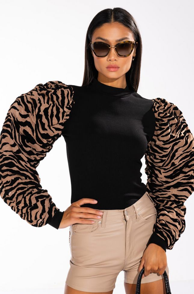 Front View Wild Side Mock Neck Flocked Puff Sleeve Top