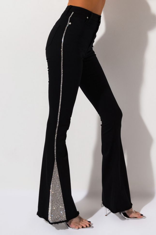 Side View Wild Thoughts High Waisted Rhinestone Flare Jeans  in Black