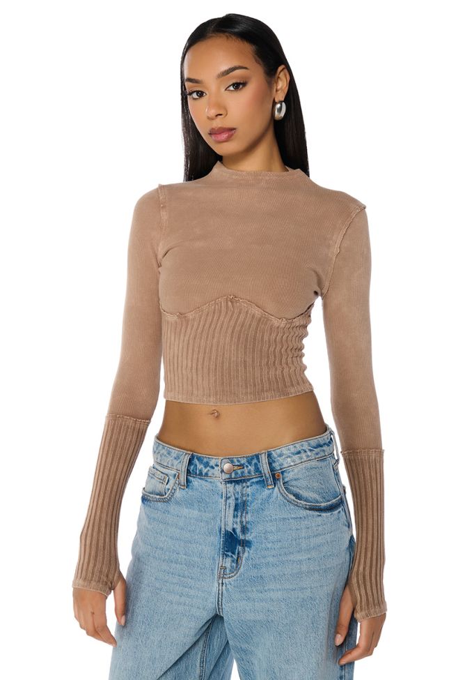Front View Willow Corset Long Sleeve Tee In Light Brown