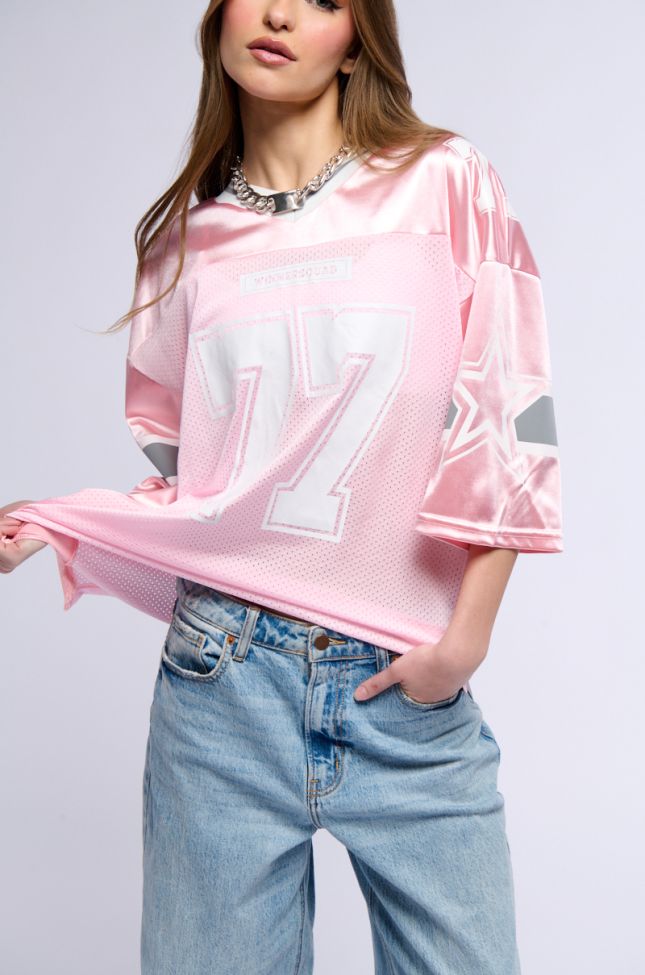 Back View Winner Squad Varsity Jersey In Pink