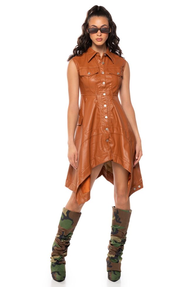 Front View Winona Cap Sleeve Button Down Pu Midi Dress In Brown
