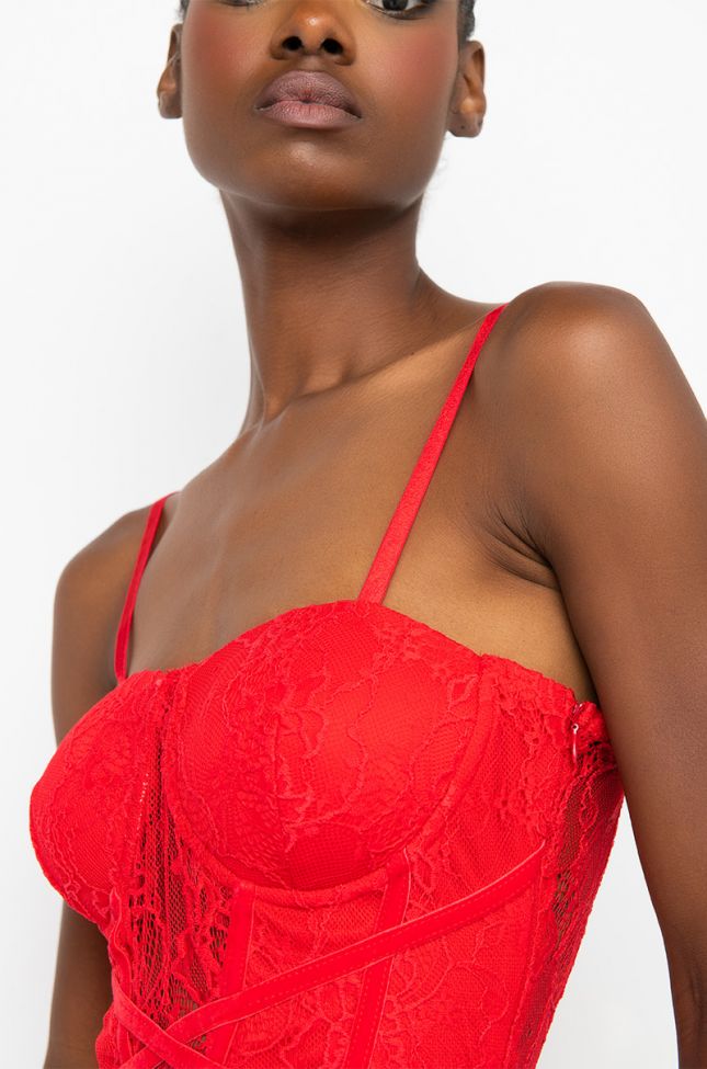 Detail View Wish You Never Met Me Lace Bodysuit in Red