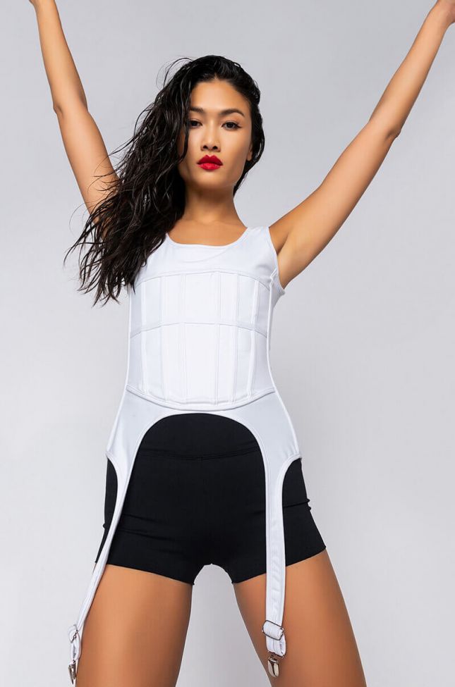 Front View With Love Sleeveless Corset Top With Straps in White