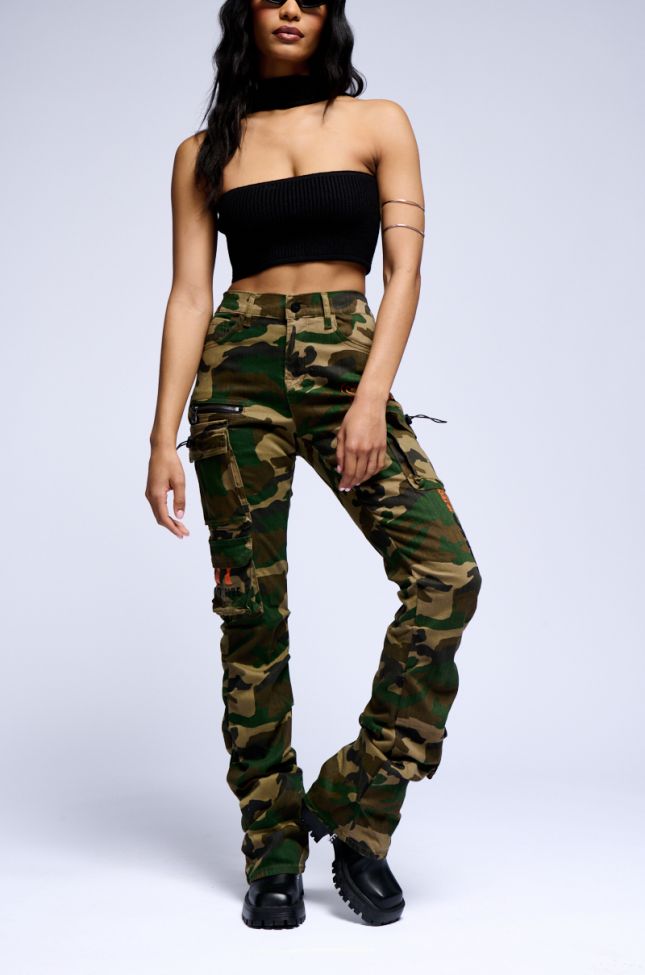 Front View Wood Camo High Rise Stacked Pants