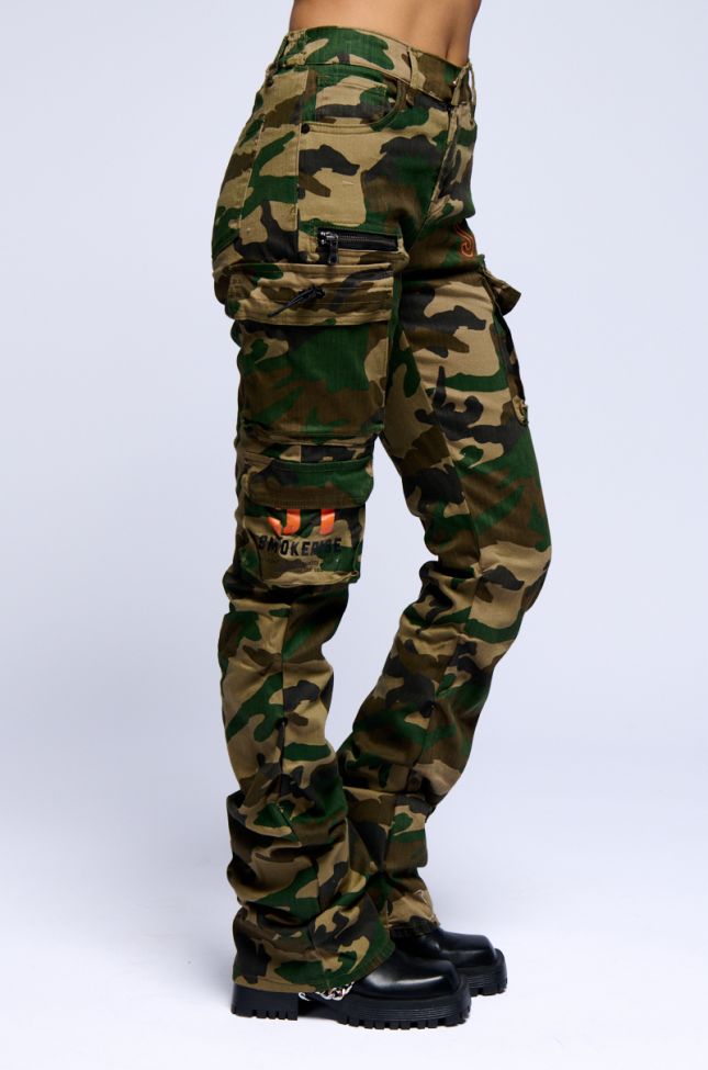 Front View Wood Camo High Rise Stacked Pants