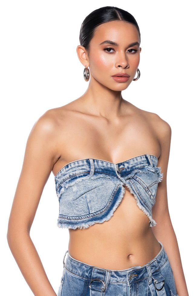 Front View Worth It Frayed Denim Bandeau Top