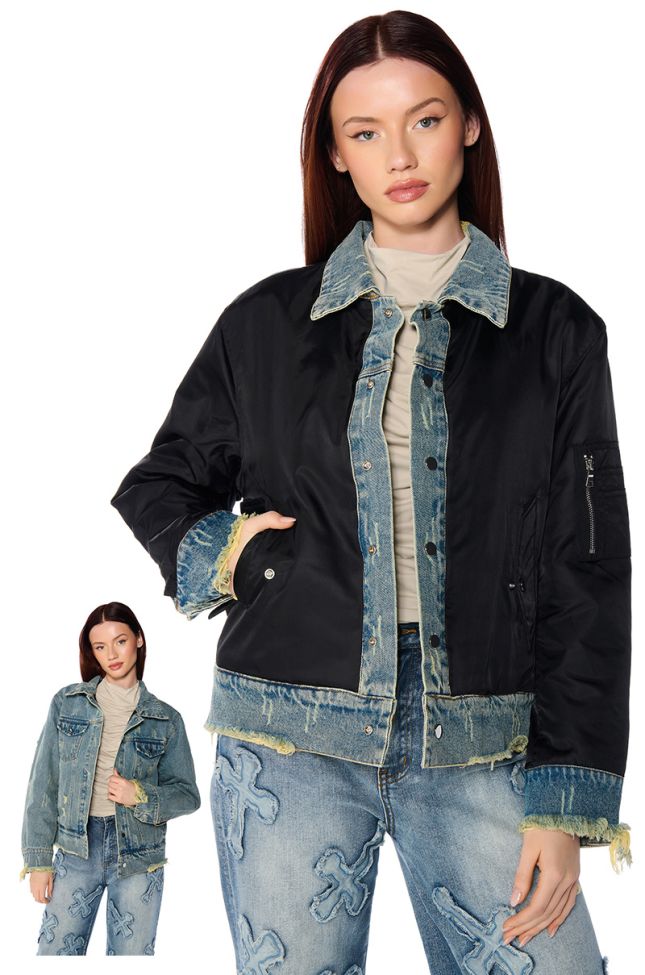 Front View Worth The Wait Reversible Denim Bomber Jacket