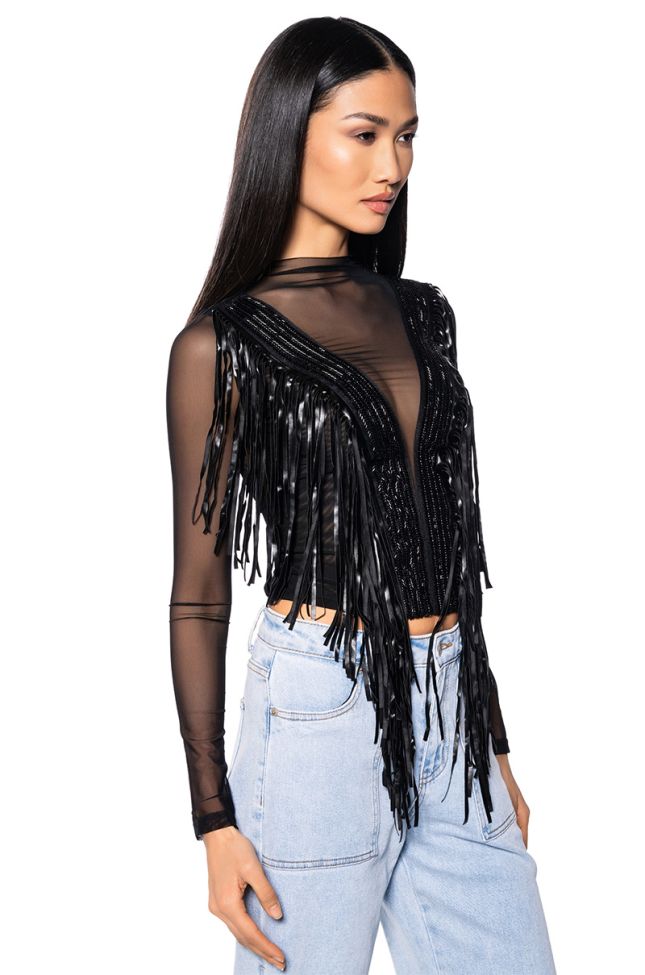 Front View Worthy Of Me Fringe Detail Long Sleeve Mesh Top
