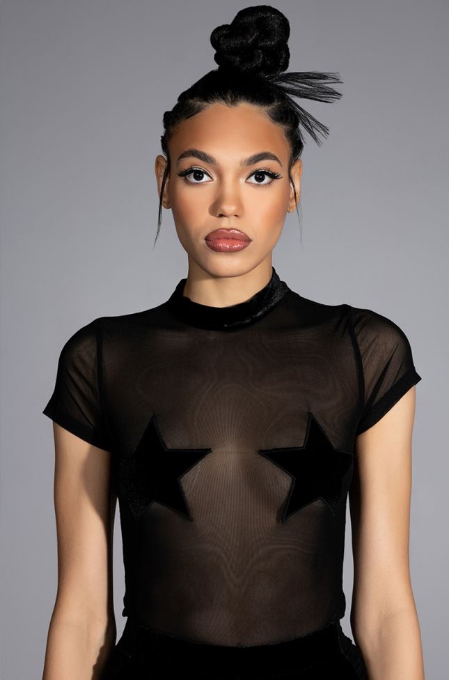 Front View Written In The Stars Mesh Short Sleeve Top