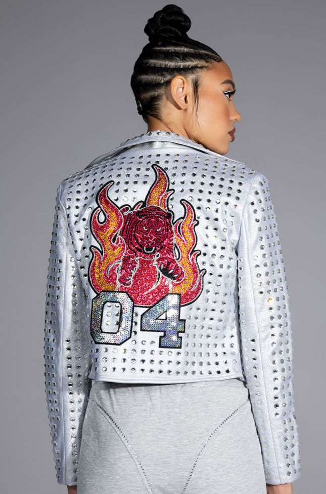 Front View Year Of The Tiger Silver Metallic Rhinestone Moto Jacket