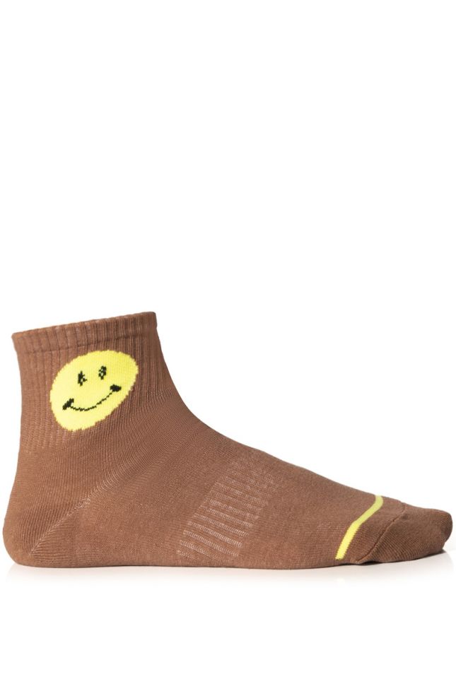 Side View Yellow And Tan Smiley Face Socks